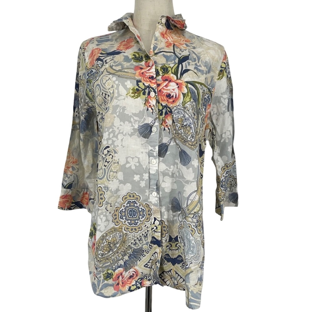 CHICOS No Iron 100% Linen Floral Paisley Button Down Shirt Womens Sz 0 US 4 Sm